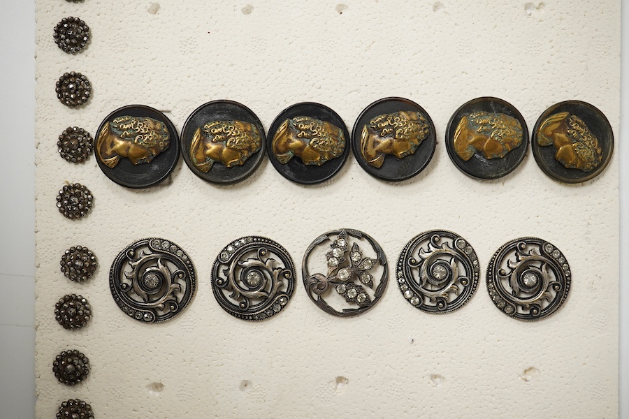 Five assorted sets of late 19th / early 20th century buttons;, Condition - the small cut steel buttons are tarnished